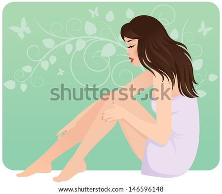 Vector illustration beautiful young woman in towel sitting on the floor/ Beautiful young woman in towel sitting on the floor/ Vector illustration on the theme of beauty and body care