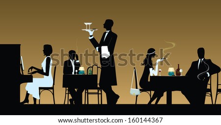 Interior of the restaurant and its visitors/ restaurant/ People resting in night restaurant