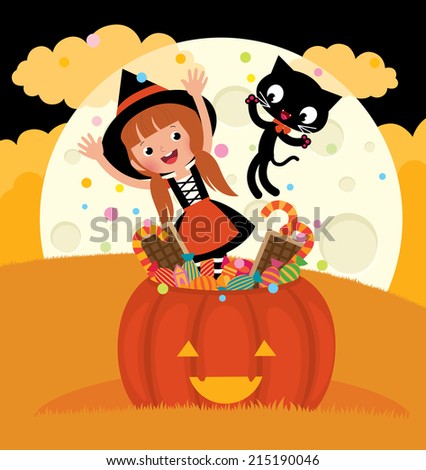 Illustration of a little girl in costume a witch and her cat having fun on the holiday of Halloween/Witch and her cat celebrate Halloween/Illustration on the theme of Halloween fun witch and her cat
