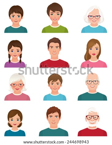 Stock illustration cartoon avatars of people of different ages isolated on white background/Avatars people of different ages/Stock cartoon illustration