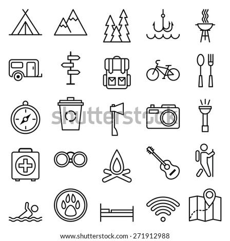 Stock illustration big set linear icon camping and tourism/Big set linear icon camping and tourism/Set of icons