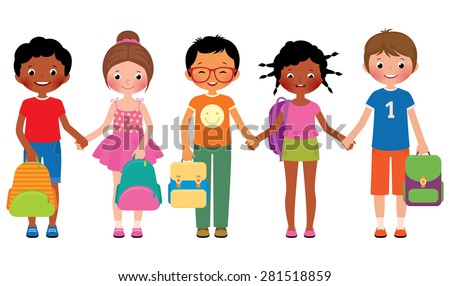 Stock Vector cartoon illustration of a group of children of school students are holding school bags/Group of children students with school bags/Stock Vector cartoon illustration