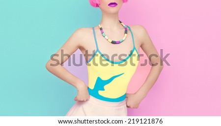 Fashion mix colors. Stylish girl in a bright accessories