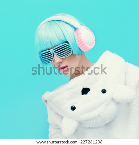Teddy Bear Girl DJ on a blue background. Crazy Party. Club Dance Style