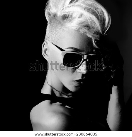 Glamorous Blonde punk fashion style black and white photo