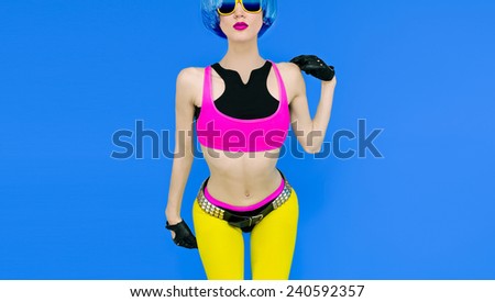 Sexy go-go Lady on  blue background crazy dancing party