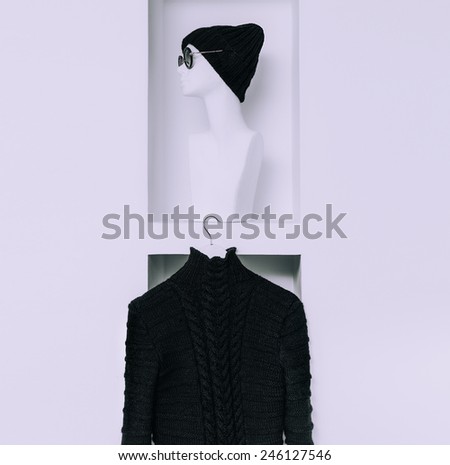 Warm Fashionable Clothing. Trend knit sweater and hat for women. black style
