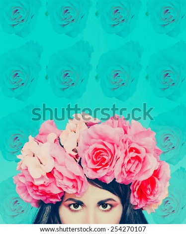 Girl with flowers on her head. Floral background. March 8 Style