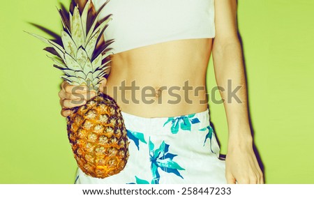 Summer Girl with Pineapple. Tropical style, Fashion, Summer clothing.