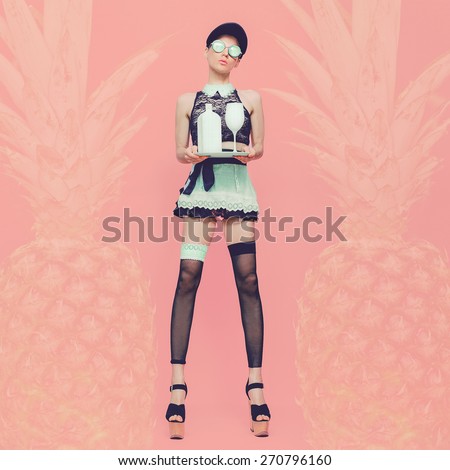 Sexy lady Waitress. Glamorous party style. Vanilla Pineapple background