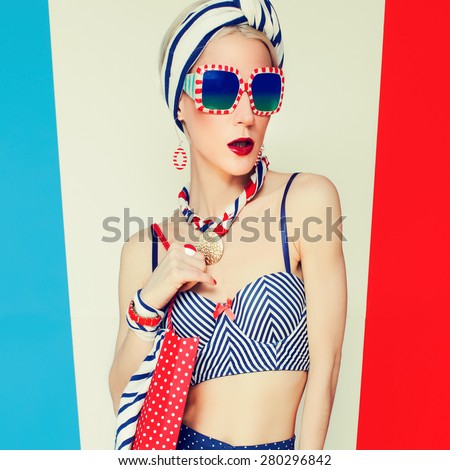 Glamour Model. Marine style and Polka dots. Beach fashion style