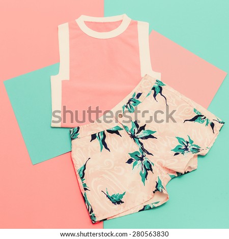 Lady set. Vanilla summer style. Trendy T-shirt and Shorts.