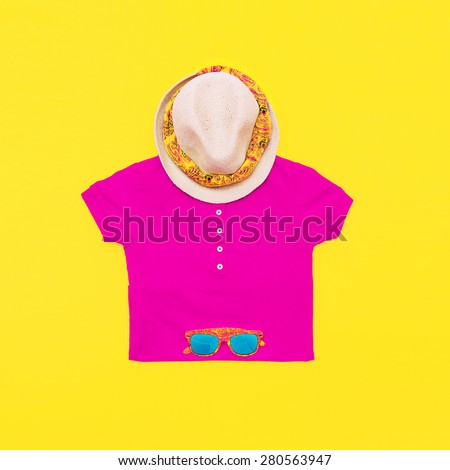 Set of bright T-shirt, Glasses and Hat on yellow background. Havana style
