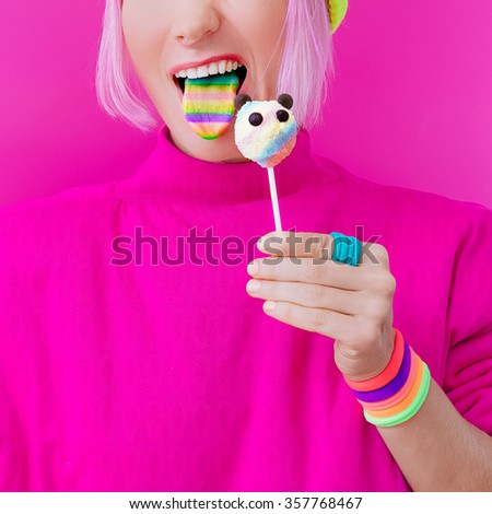 Happy Funny Girl. Love Sweets. Panda Candy and Rainbow