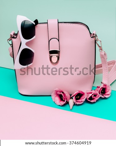 Women\'s Fashion Accessories. Bag and Sunglasses. Pastel Colors trend Summer