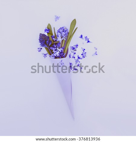 Blue Flowers in paper envelope. Love to detail. Minimalism style