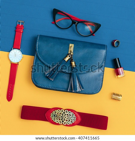 Ladies Vintage Accessory Set. Glasses, Belt, Bag, Watch. Fashion details