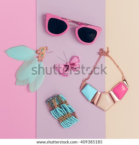 Vanilla Summer trend. Fashionable. Women\'s Accessories. Necklace, Sunglasses, Bracelets, Earrings. Detail fashion