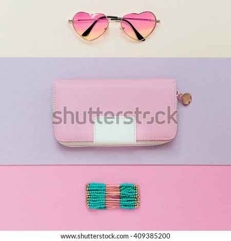 Fashion Accessory Season. Eyeglasses, Bracelets, Clutch. Be Pastel trend.