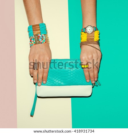 Stylish Jewelry and Clutch. Bright Summer fashion Lady