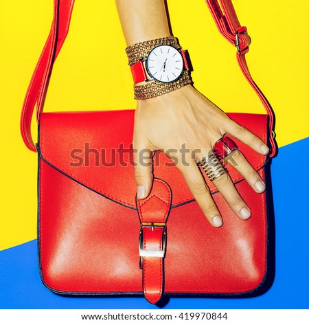 Bright Summer Accessories. Bag and Jewelry. Focus on Red.