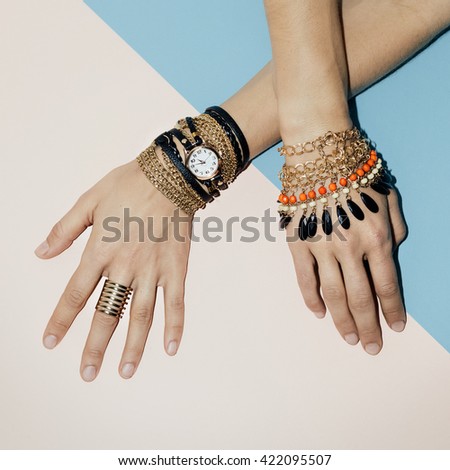 Black Jewelry fashion. Bracelets, Watches and Rings. Be stylish Lady.