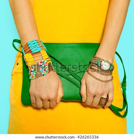 Stylish Accessories. Bag and Jewelry. Bright Summer Colors.
