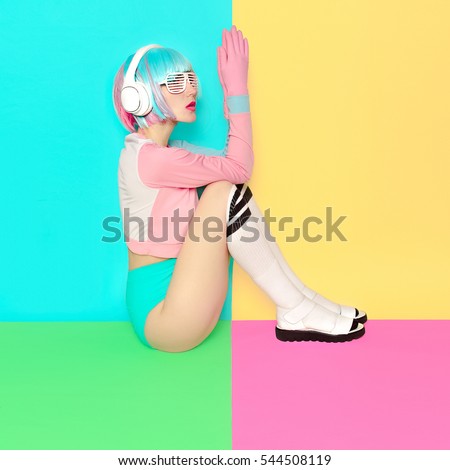 Minimal fashion Pop Art. Vanilla pastel colors. Girl DJ. Doll style. fitness vibes