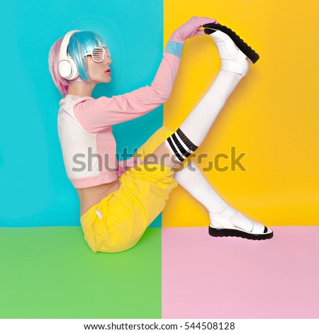 Fashion Fitness DJ Girl Creative pop art style. Minimal design fashion Sweet colors