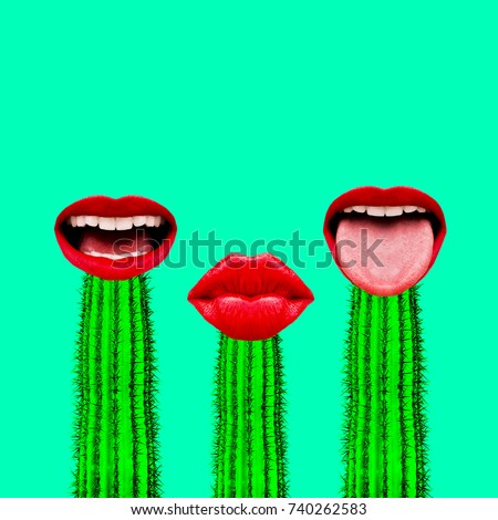 Contemporary art collage. Set of cactus and red lips. Emotions. Minimal fashion Flat lay