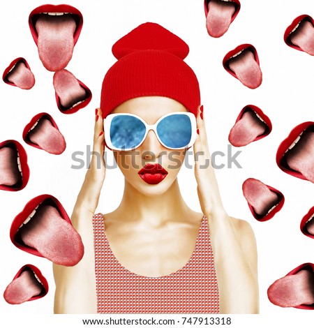 Contemporary art collage. Visual art. Party Girl and Lips background.