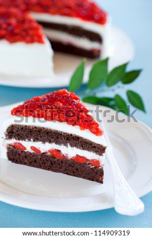 Chocolate cake piece with cream cheese and goji berry jam. Selective focus