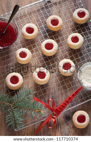 Almond biscuits with jam filling, selective focus