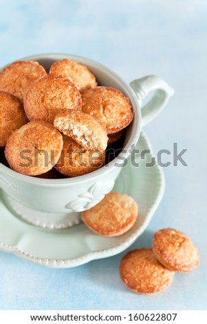 Homemade oat bran cookies in cup, selective focus