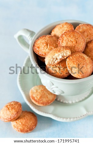 Homemade oat bran cookies in cup, selective focus