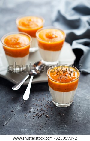 Pumpkin chia seeds pudding yogurt dessert, selective focus