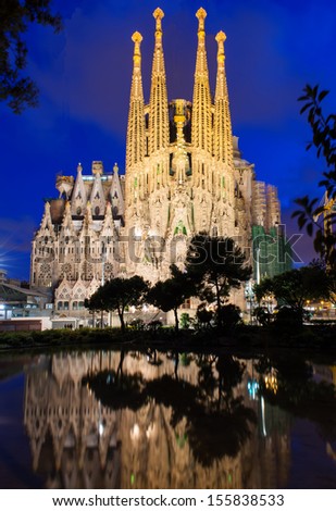 Barcelona, Spain - May 12: Sagrada Familia At Night On May 12, 2013 In Barcelona, Spain. The Impressive Cathedral Designed By Antoni Gaudi Is Being Built Since 1882 And Is Not Finished Yet