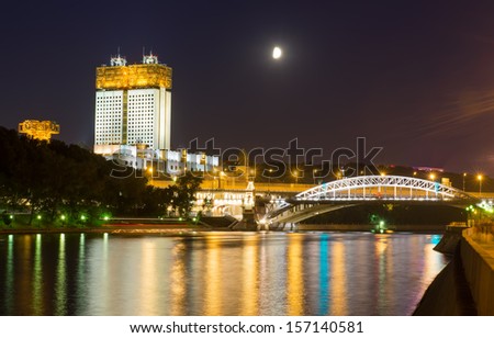 Night view of Russian Academy of Sciences and Moscow River in Moscow, Russia