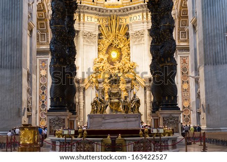 VATICAN - OCTOBER 21: Altar of St. Peter\'s Basilica on October 21, 2013 in Rome, Italy. St. Peter\'s Basilica until recently was considered largest Christian church in world