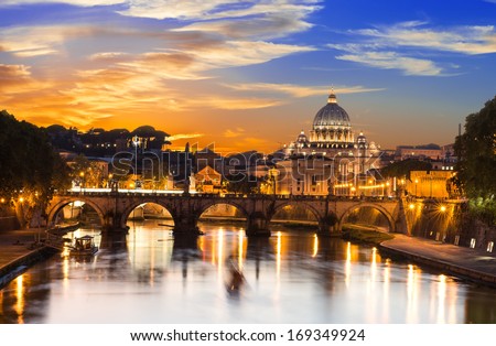Sunset view of Basilica St Peter and river Tiber in Rome. Italy