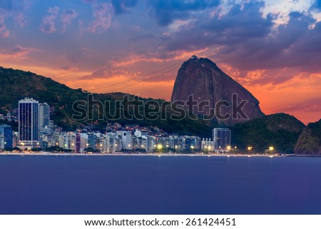 Sunset view of Copacabana and mountain Sugar Loaf in Rio de Janeiro. Brazil