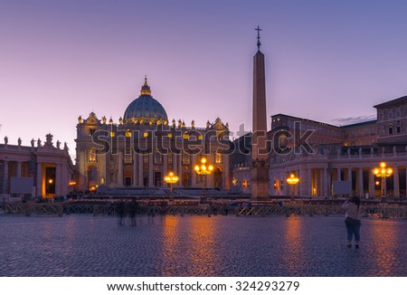 Sunset view of the St. Peter's Basilica in Rome, Vatican. Italy