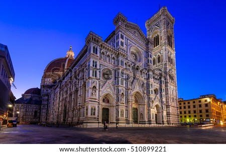 Florence Cathedral of Saint Mary of Flower, Florence Duomo (Duomo di Firenze) and Giotto s Campanile of Florence Cathedral in Florence, Italy. Night view of Florence architecture.