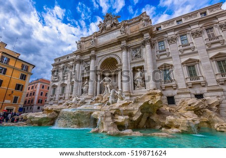 Rome Trevi Fountain (Fontana di Trevi) in Rome, Italy. Trevi is most famous fountain of Rome. Architecture and landmark of Rome. Postcard of Rome.