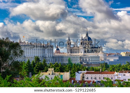 Madrid Cathedral Santa Maria la Real de La Almudena and the Royal Palace in Madrid, Spain. Architecture and landmark of Madrid, postcard of Madrid