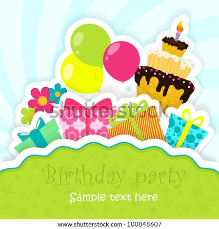 Flower Birthday Cake on Birthday Greeting Card With Cake  Gifts  Balloons And Flowers
