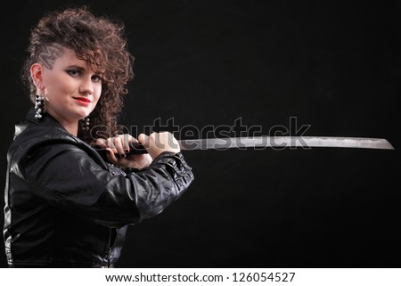 Girl - Ear super piercing woman dark hair natural brown-haired holding hands katana sword
