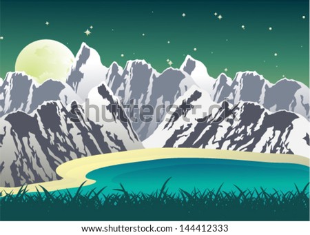 Landscape of snow-capped mountains near the lake (vector)