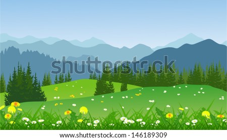 Vector Landscape Of Mountains And Meadow Flowers