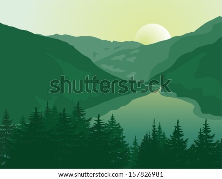 Vector landscape. Beautiful sunrise in a mountain river canyon.